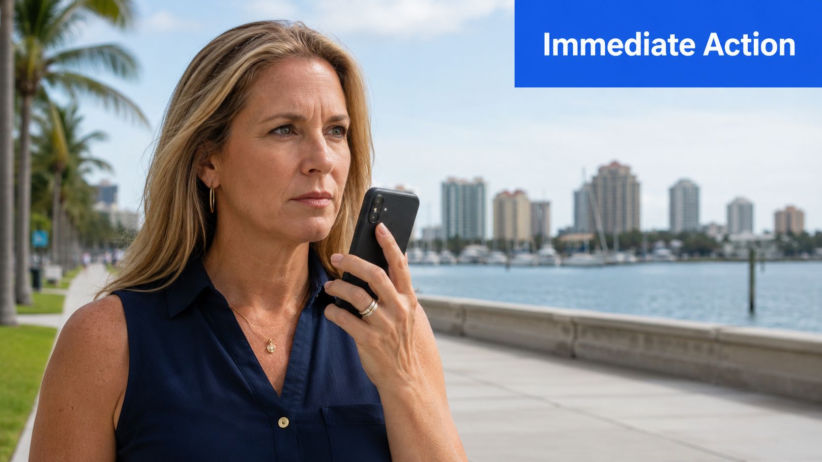A concerned woman holding a smartphone outdoors near a waterfront with city buildings in the background.