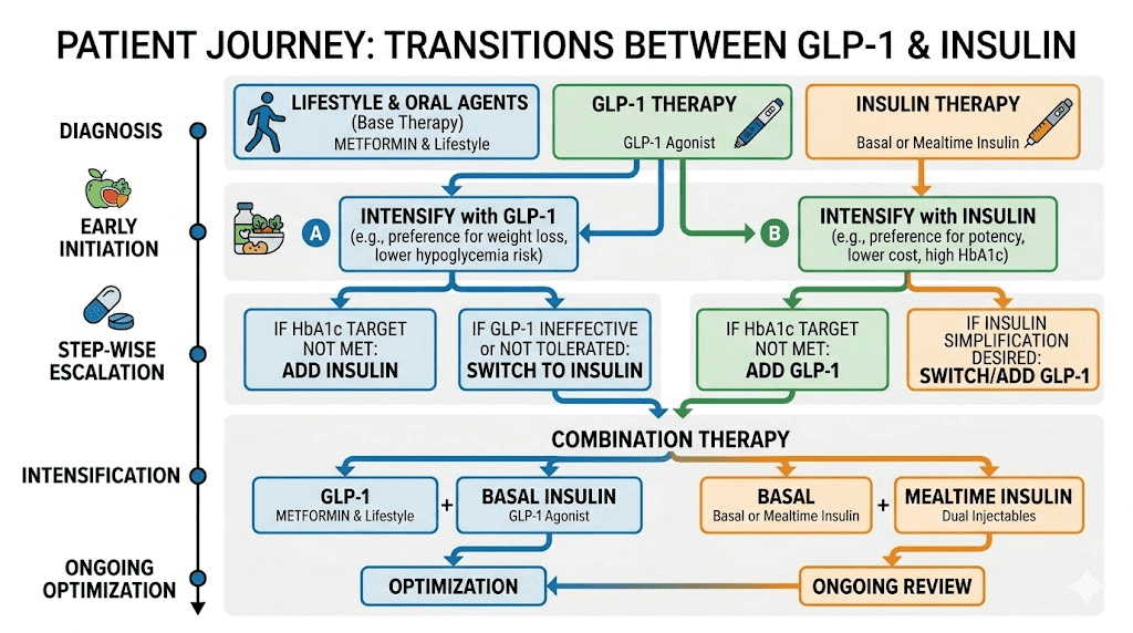 Treatment transition paths between insulin and GLP-1 medications