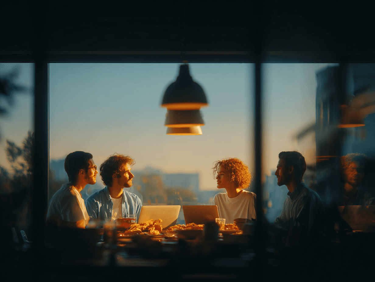 Four people sit around a table engaged in conversation at a cozy, warmly-lit restaurant, with plates of food and drinks in front of them, under stylish pendant lights.