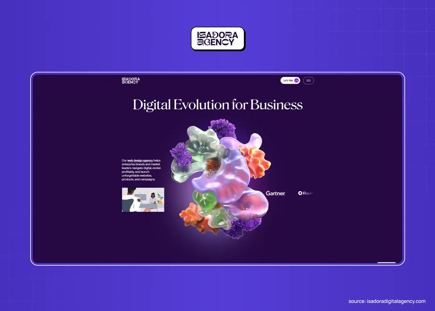Vibrant homepage featuring immersive 3D artwork and premium visuals representing digital transformation and business innovation services.