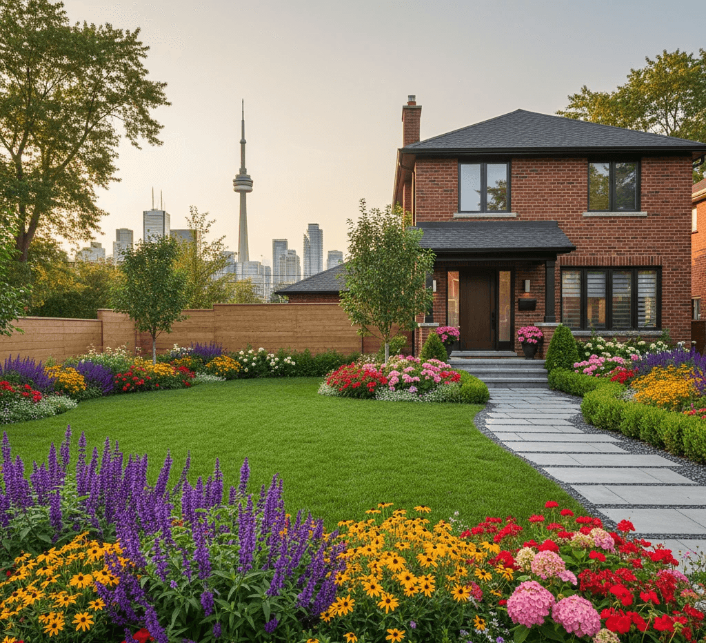 Modern home in Toronto featuring a completely transformed front yard with a perfectly manicured green lawn, vibrant yellow and purple perennial flowers, a stylish geometric white stone pathway, and a view of the downtown Toronto skyline in the distance, illustrating high home value curb appeal.