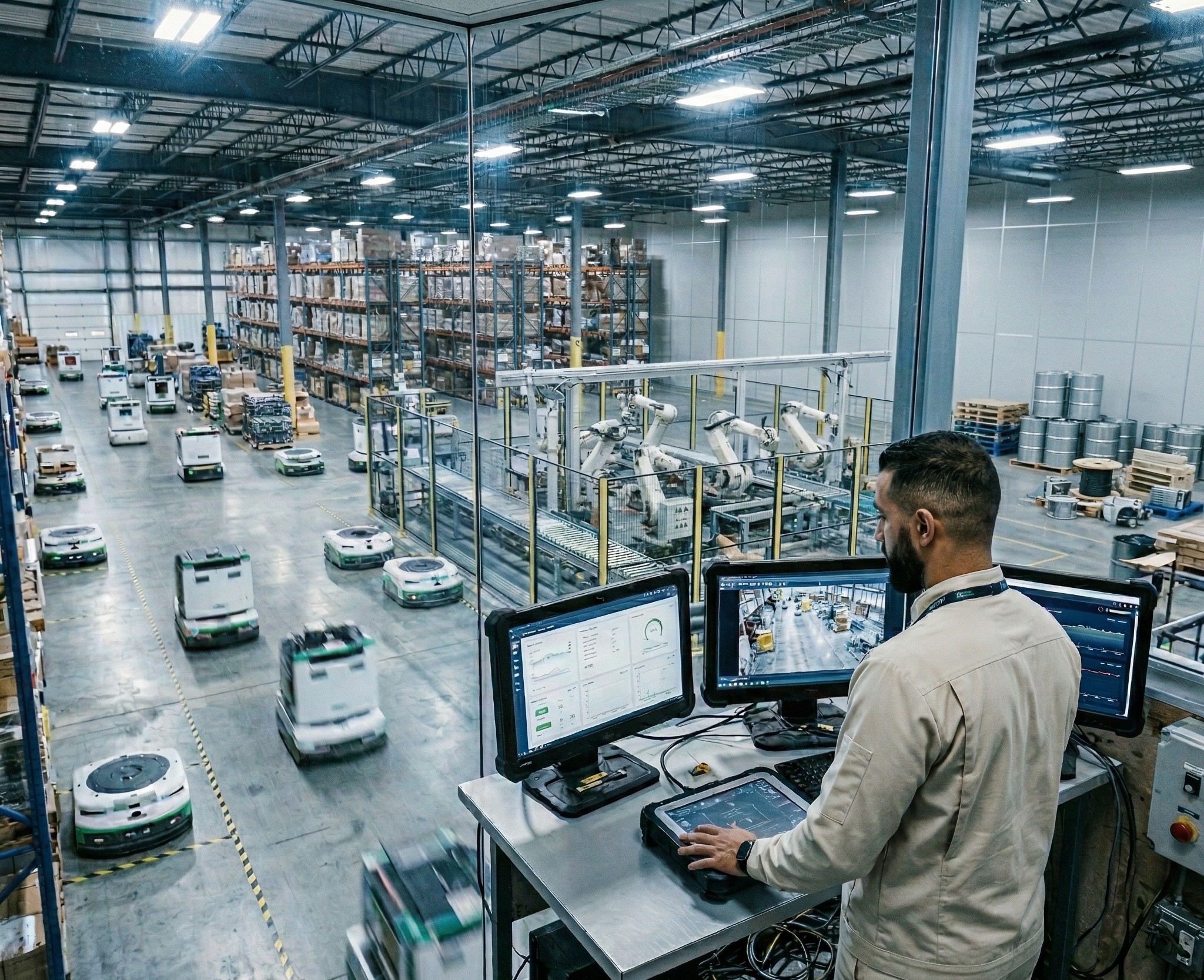 operator overseeing fleet of autonomous robots