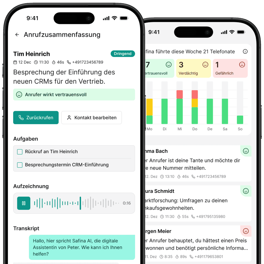 Safina AI App-Interface mit zwei Bildschirmen im iPhone-Design: Links: Detaillierte Anrufzusammenfassung für Tim Heinrich, zeigt Gesprächsdetails zur CRM-Einführung mit Aktionsbuttons (Zurückrufen, Kontakt bearbeiten), Aufgabenliste, Audioaufzeichnung und Gesprächstranskript der Safina-Begrüßung. Rechts: Wochenübersicht mit Anrufstatistik (21 Telefonate), farbcodierte Vertrauensbewertung (17 vertrauensvoll, 3 verdächtig, 1 gefährlich) und Balkendiagramm der Anrufverteilung. Darunter chronologische Liste weiterer Anrufe von Emma Bach, Laura Schmidt und einem verdächtigen Anruf von Jürgen Meier.