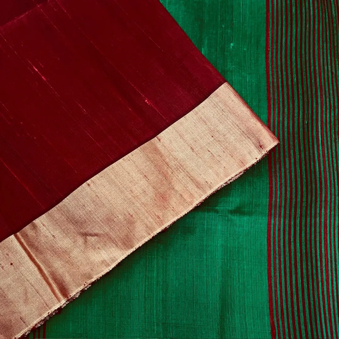 Dark Red Green Silk Cotton Saree