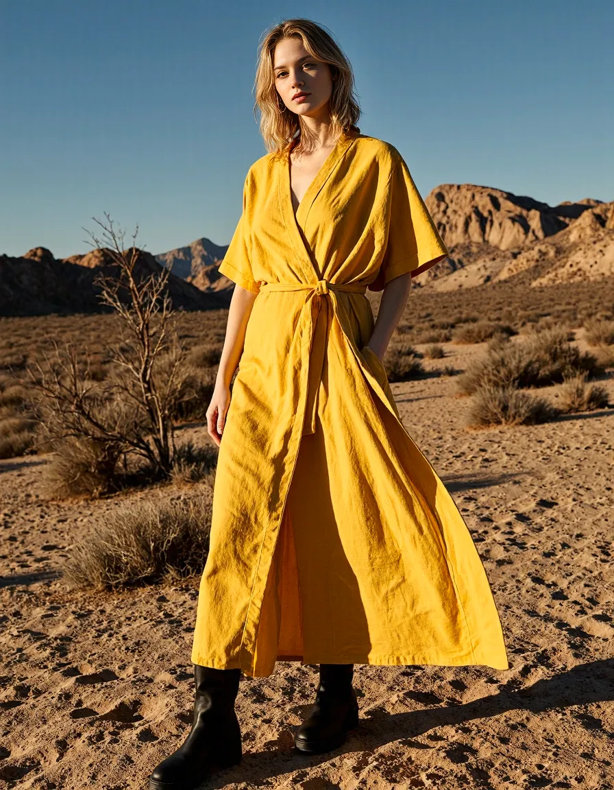 Fashion photograph featuring a bright yellow wrap dress against desert landscape with mountains and clear blue sky in golden light