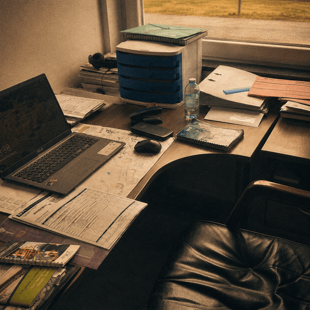 Un magnifique bureau sur lequel sont disposés plusieurs documents de travail et un ordinateur portable