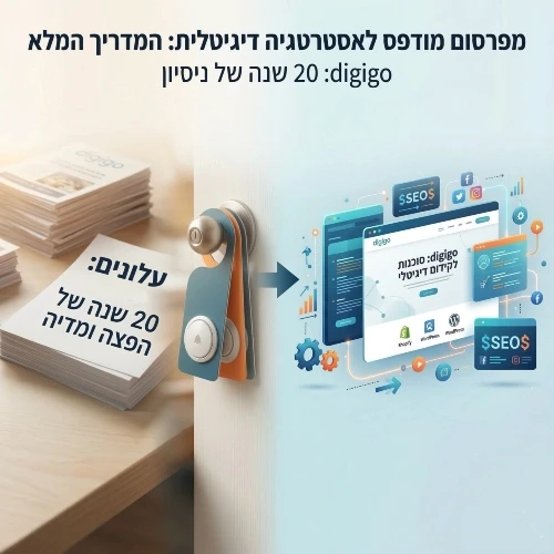 שילוב ויזואלי בין עולם הפרסום המסורתי לדיגיטל: בצד שמאל ערימת פליירים עם הכיתוב "עלונים: 20 שנה של הפצה ומדיה", ובצד ימין ממשק אתר מודרני המציג את סוכנות digigo לקידום דיגיטלי. במרכז הכותרת "מפרסום מודפס לאסטרטגיה דיגיטלית: המדריך המלא