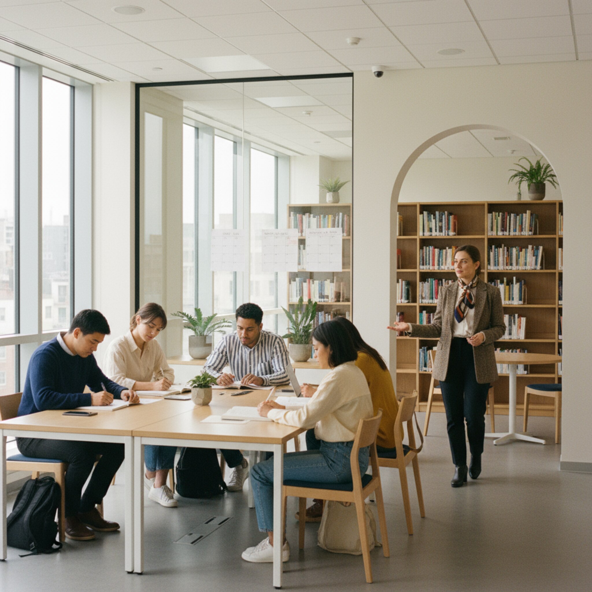 In einem hellen Gruppenraum beugt sich eine Lerngruppe über geöffnete Bücher und Notizen. An der Glaswand hängen einfache Zeitpläne. Eine Bibliothekarin schaut kurz herein und zeigt auf einen freien Tisch. Alles wirkt ruhig, aufgeräumt und einladend.