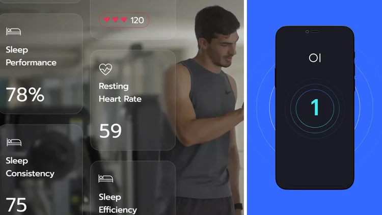 A man in a gym checking his smartphone with overlays of health metrics, including sleep performance at 78%, resting heart rate at 59 beats per minute, sleep consistency at 75%, and sleep efficiency at 75%, alongside a fitness app interface on the rig