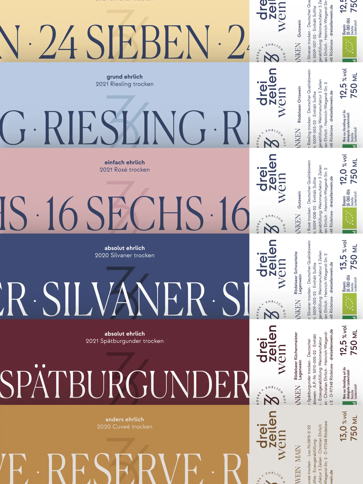 Übersicht sechs Weinetiketten der Produktpalette Dreizeilenwein