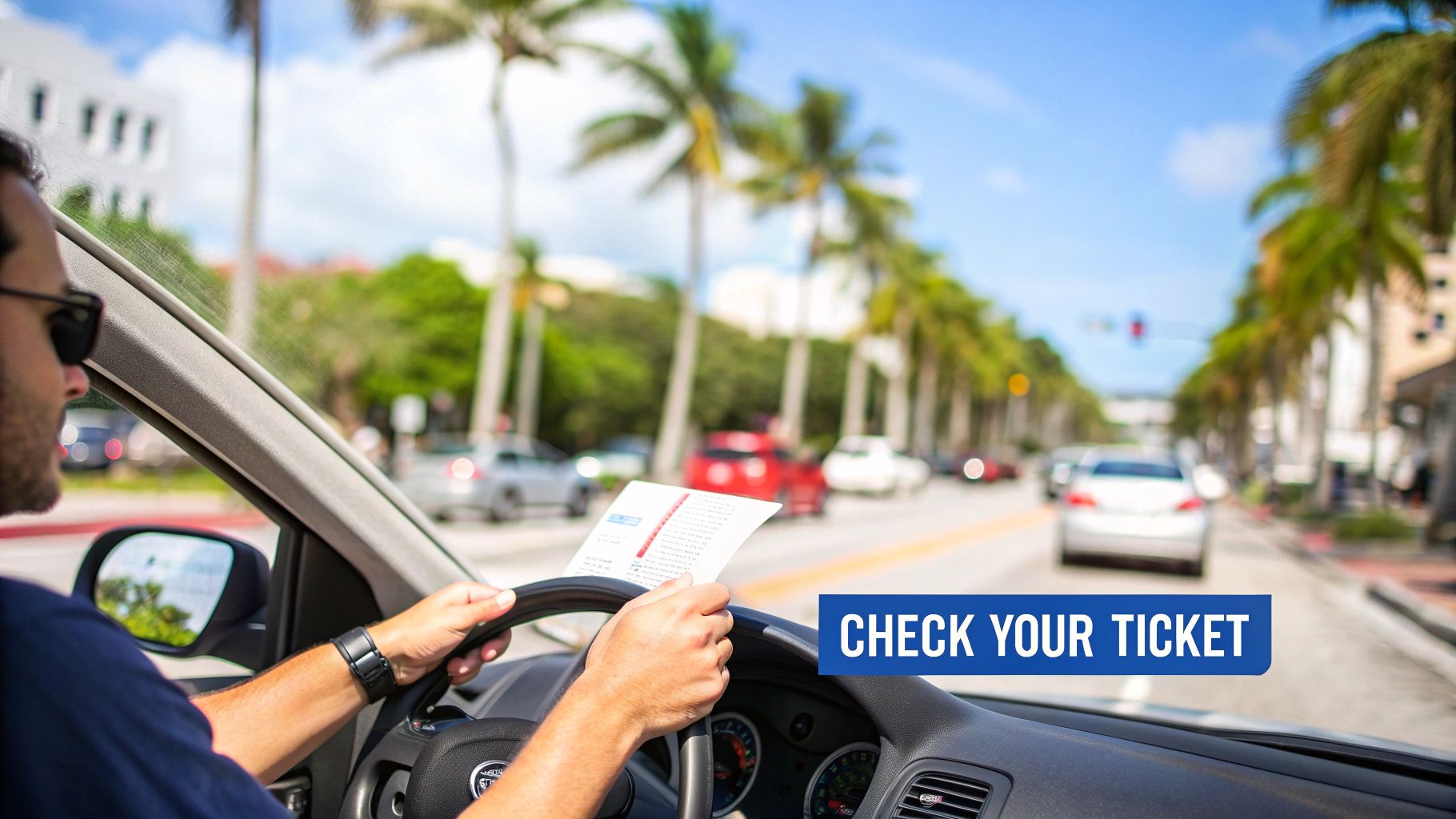 A man in sunglasses driving a car, distracted by a paper on a sunny street with palm trees. Text: 'CHECK YOUR TICKET'.