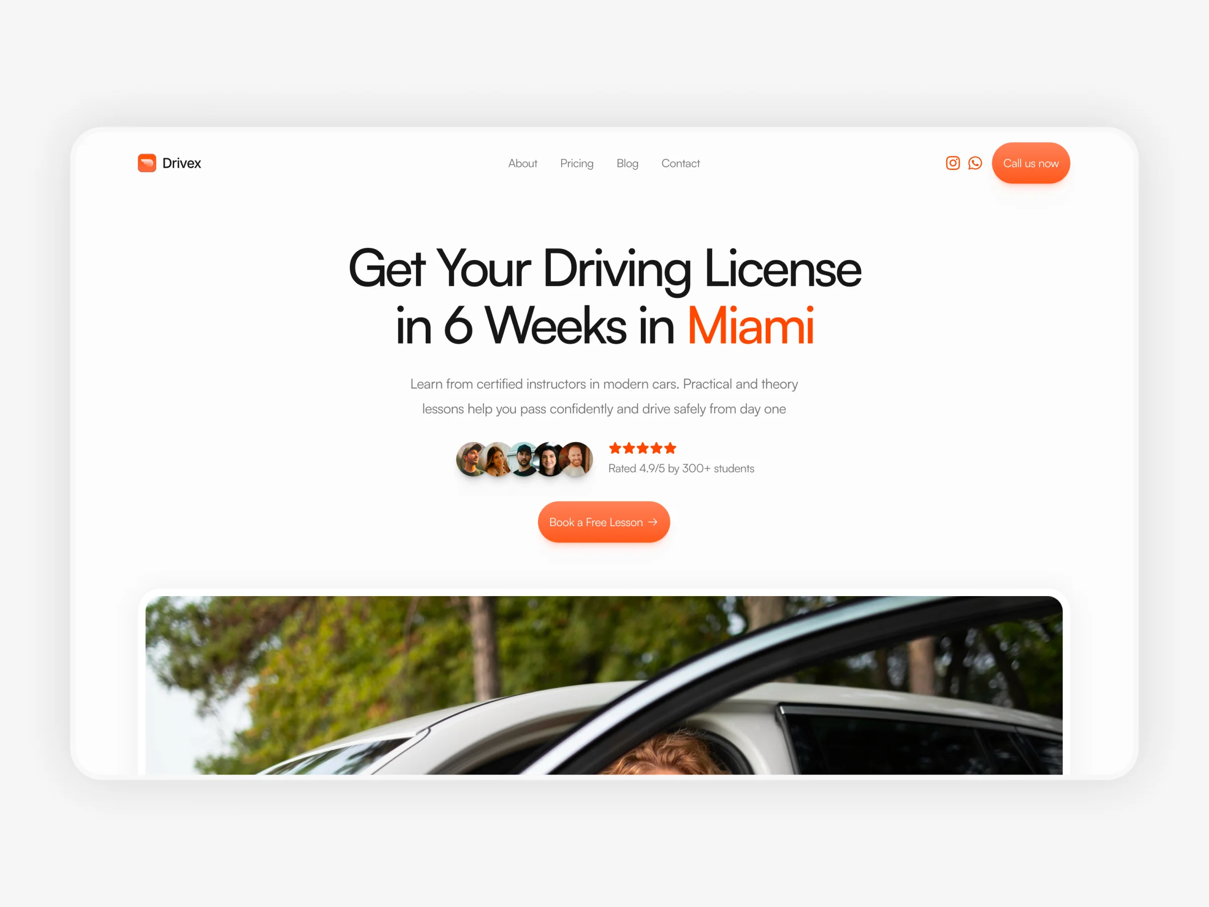 Drivex driving school website template homepage with booking button, instructor ratings, and driving license course hero section for local driving schools.
