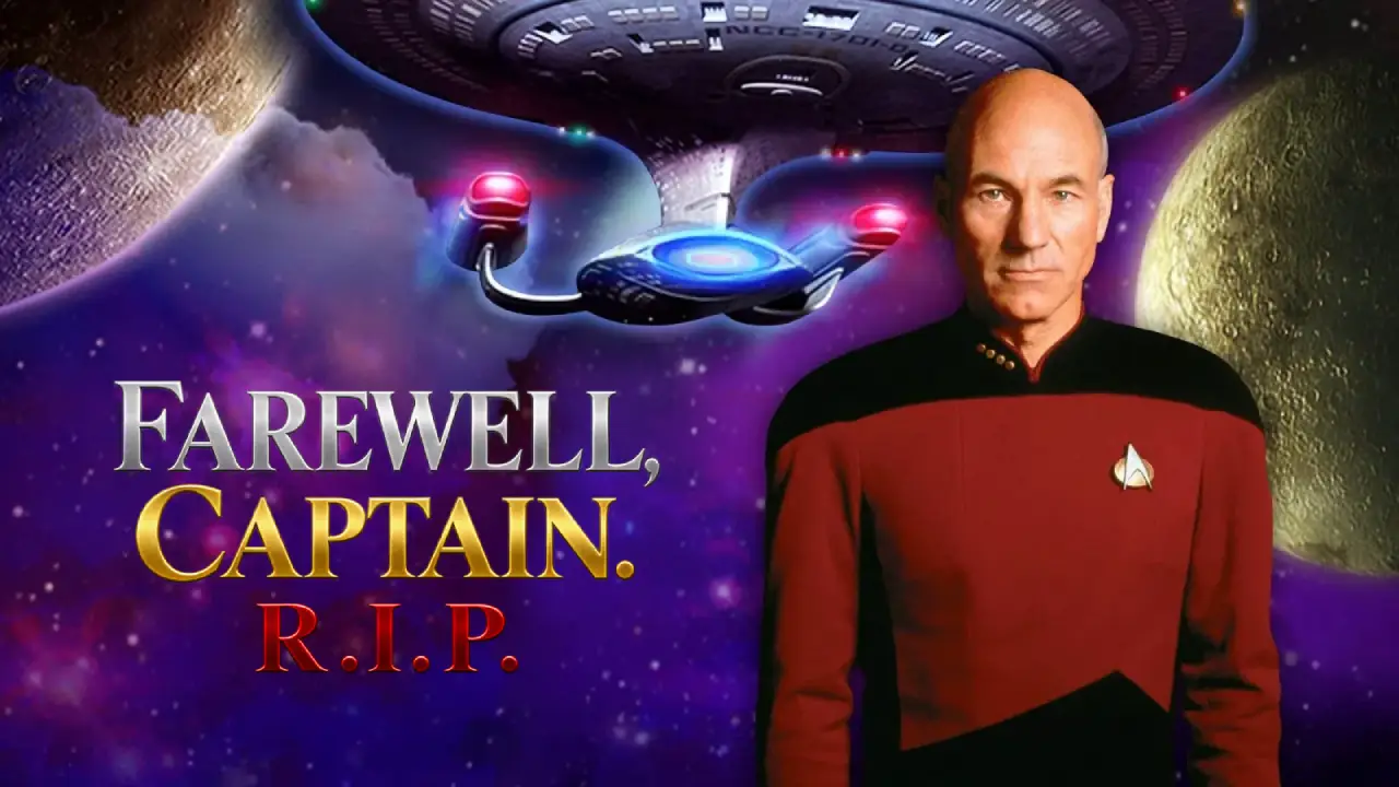 A man in a futuristic uniform stands solemnly in front of a large, glowing spaceship amidst a cosmic background, with the text "Farewell, Captain. R.I.P." displayed in bold letters.