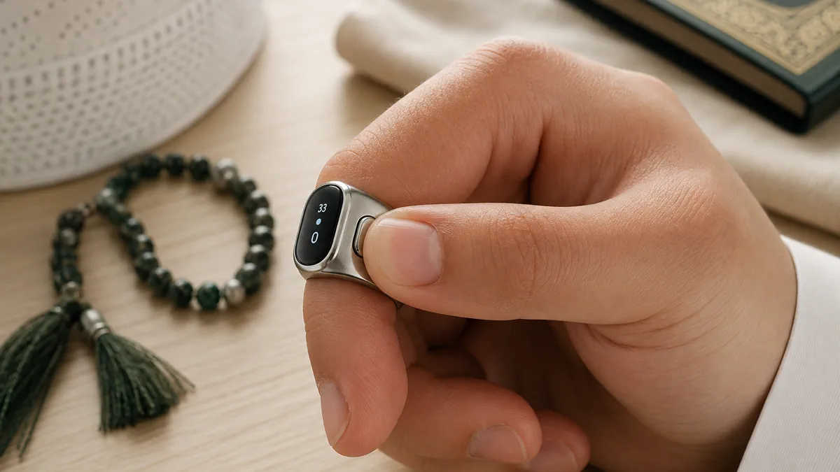 A thumb long-pressing a zikr ring to reset the dhikr count to zero
