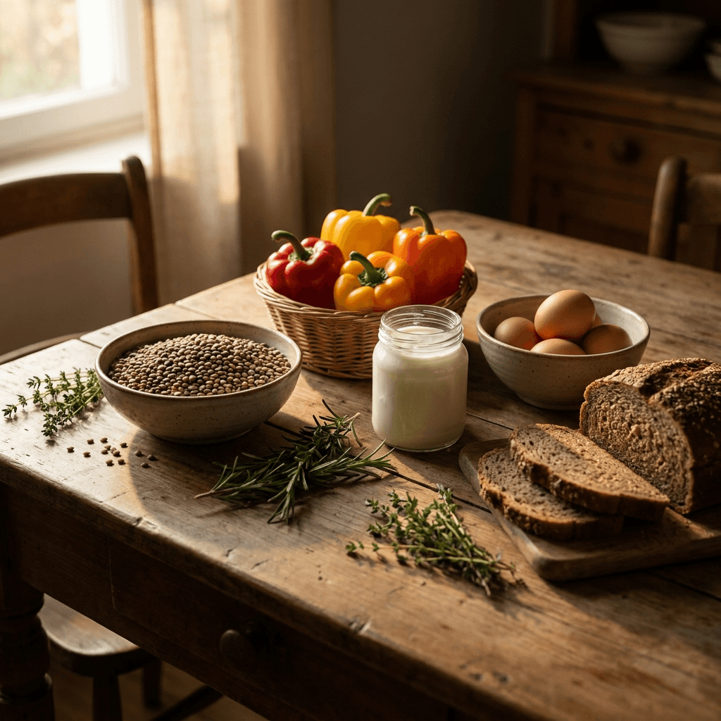 Frisches Gemüse, Hülsenfrüchte und Vollkornprodukte auf einem Holztisch in einer hellen Familienküche