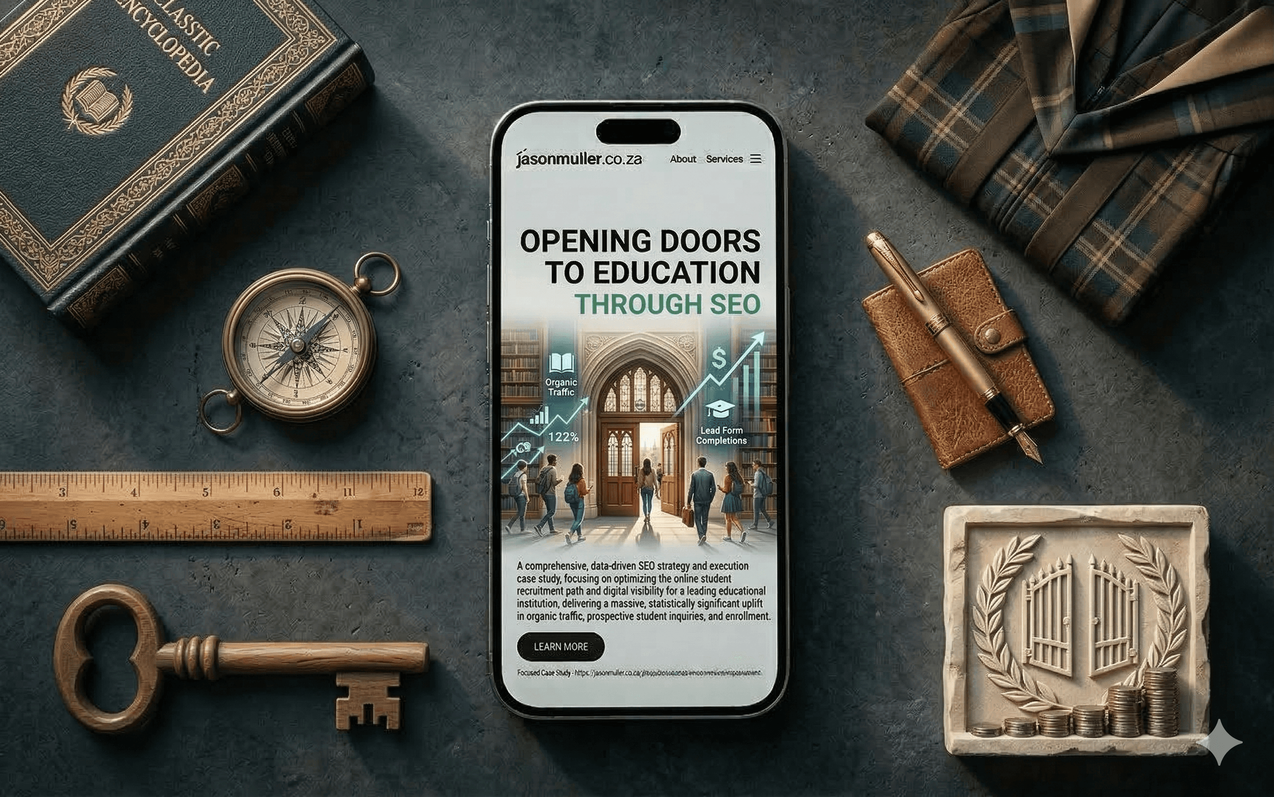 Phone on desk with education related items surrounding it 