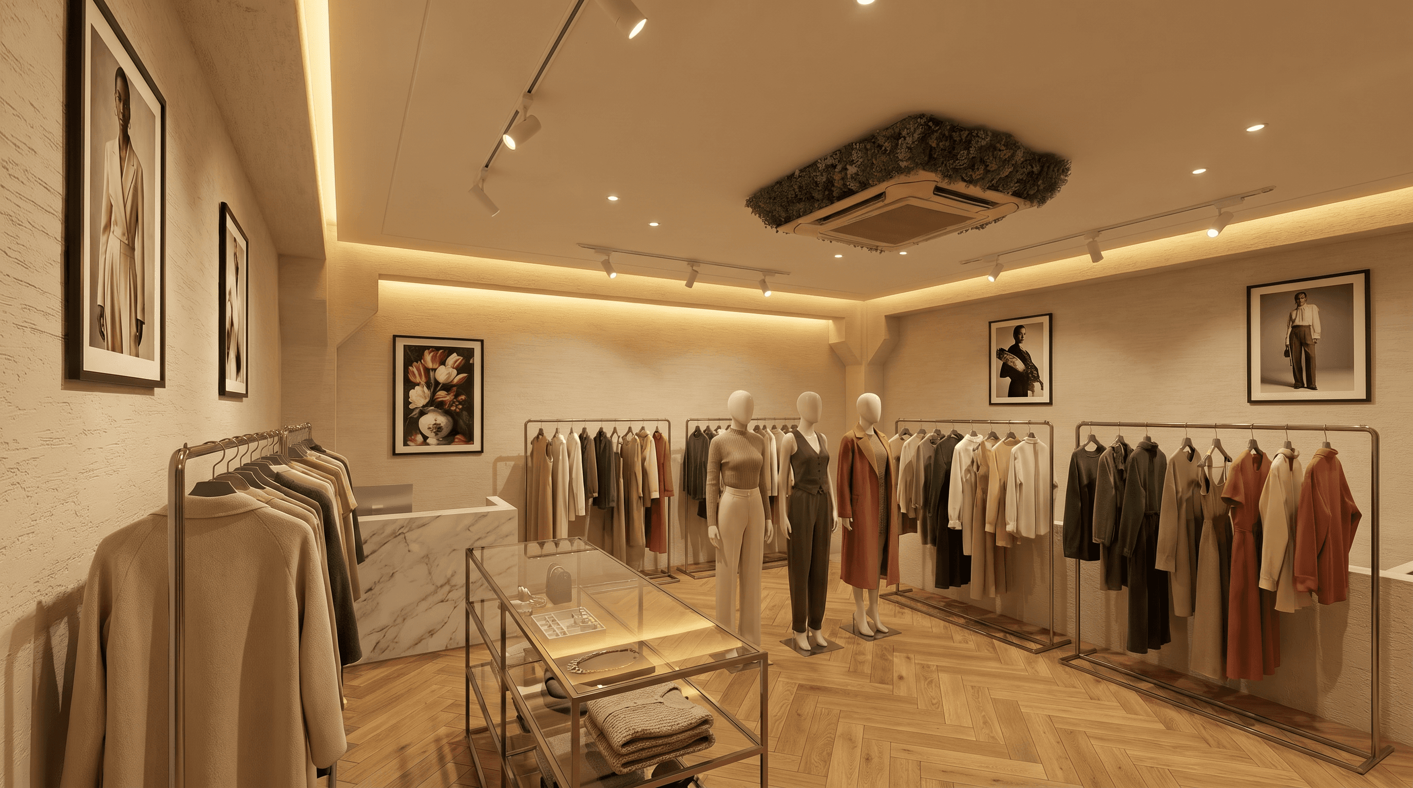 Interior view of “Grand Galleria” showroom by Rankawat Group on Ajmer Jaipur Highway, featuring a modern retail space with minimalist design, neutral-toned clothing displays, mannequins, ambient lighting, and elegant seating area.