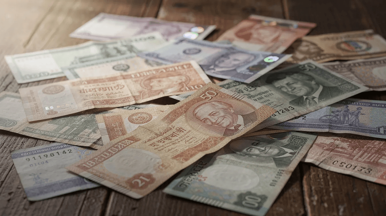 The image features a variety of international currency notes, including the Euro and US Dollar, spread out on a wooden table, illustrating the concept of currency risk and fluctuations that global investors face in managing their portfolios. This visual representation highlights the importance of understanding local currency terms and the impact of currency movements on investment strategies.