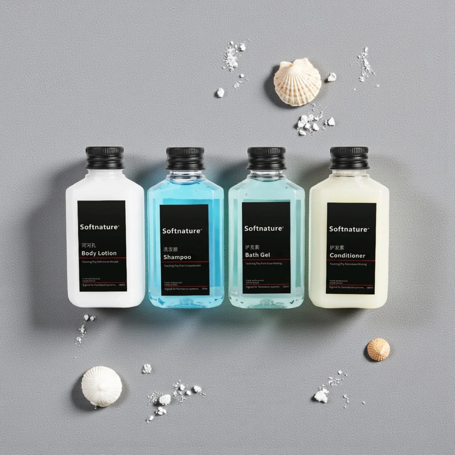 Bulk hotel amenities kit with sustainable packaging, featuring customizable bottles and logo branding for boutique hotels and hospitality chains.