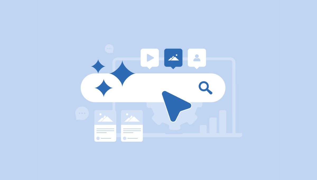 Illustration of a digital search interface with a large search bar, multimedia icons, and data elements.