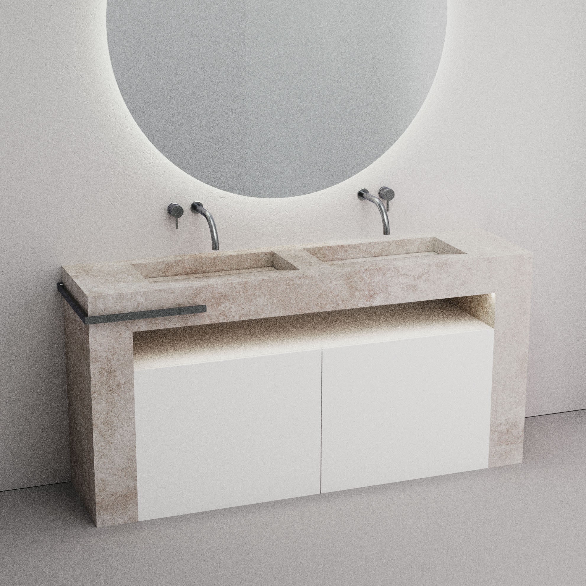 A man standing in a modern studio space, gesturing while discussing architectural plans. Shelves with books and models line the background.