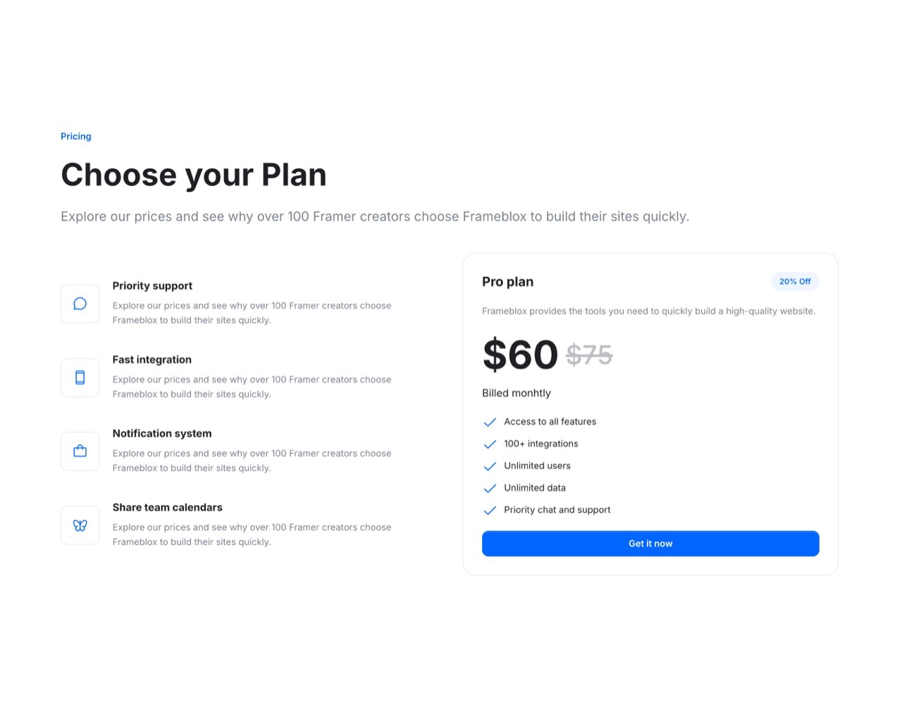 Framer Pricing Section - Frameblox UI