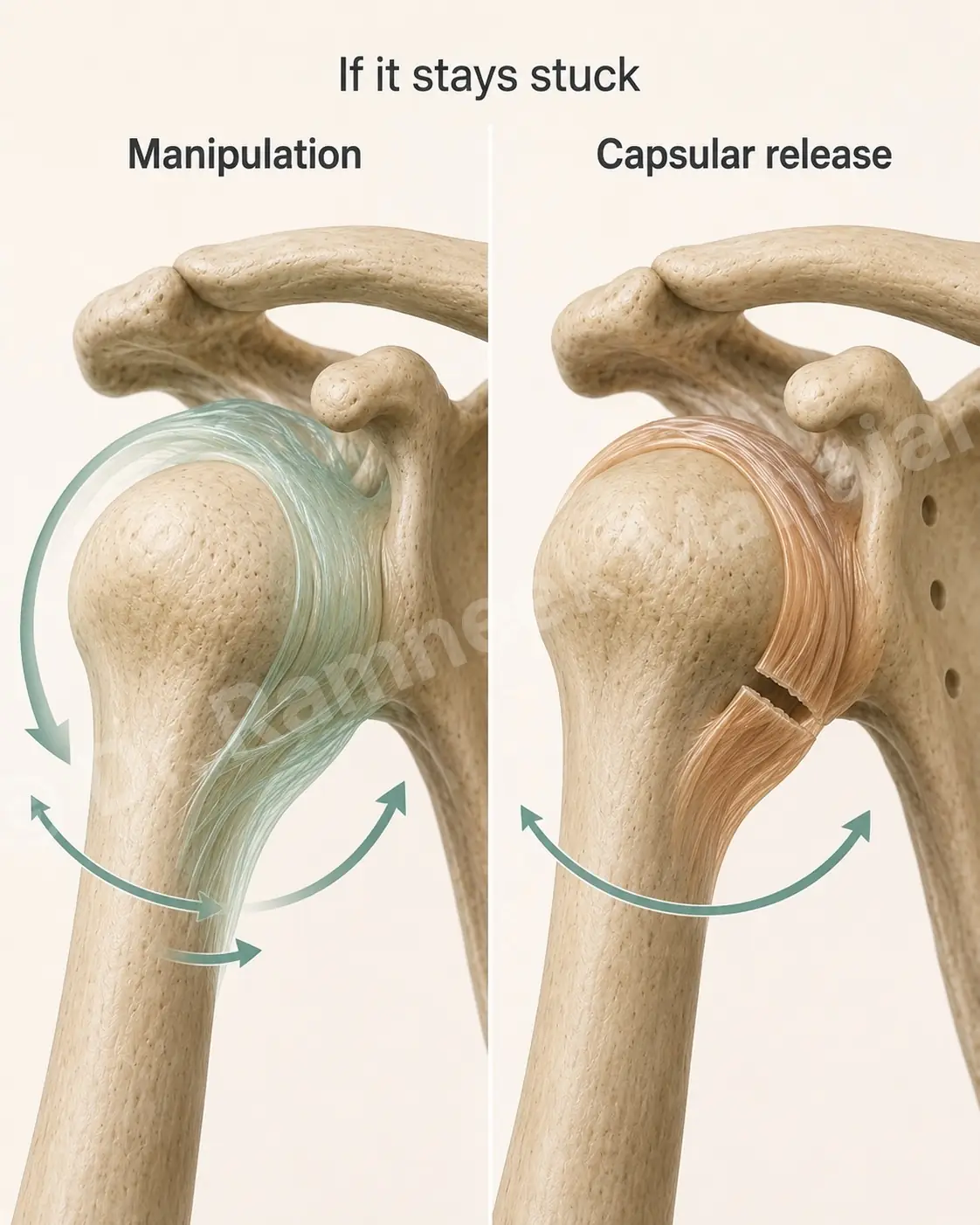 Two ways to free a stuck frozen shoulder: gently moving it through its range, or a keyhole release of the tight capsule.