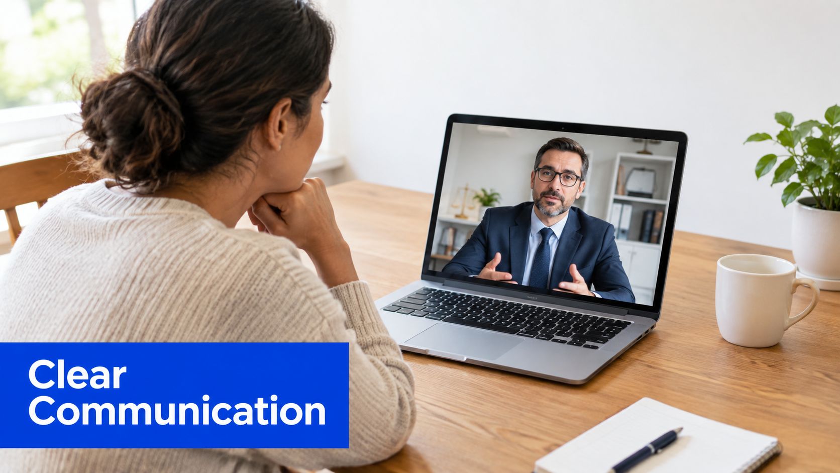 A woman participates in a remote video consultation with a professional lawyer on her laptop computer.