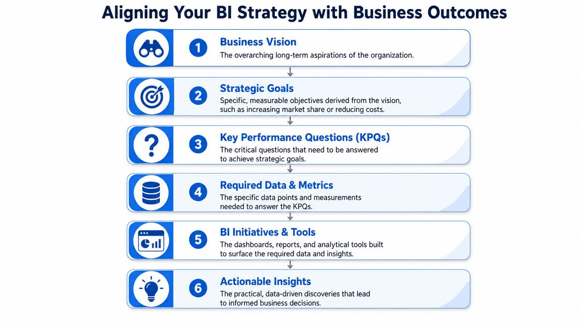 A six-step flowchart illustrating how to align business intelligence strategy with core organizational business outcomes.