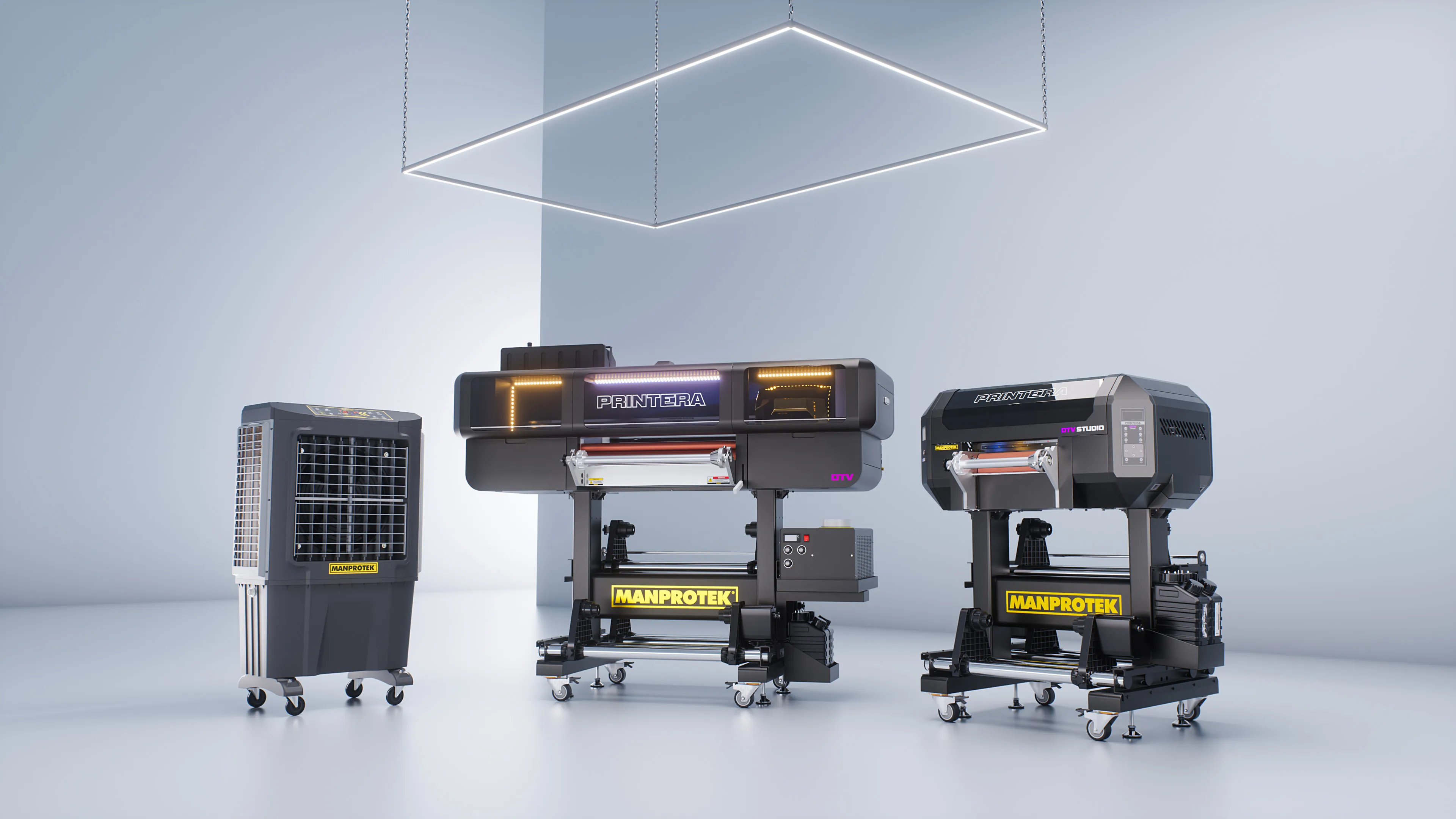A bright modern studio featuring the MANPROTEK PRINTERA and DTV Studio equipment, highlighting the brand's global reach with over 1,127 machines deployed worldwide.