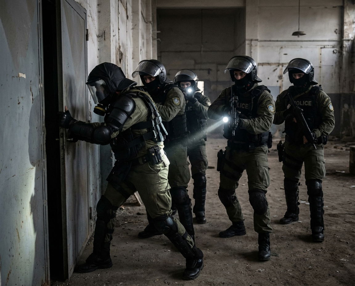 Greek police officers conducting an organized crime raid.
