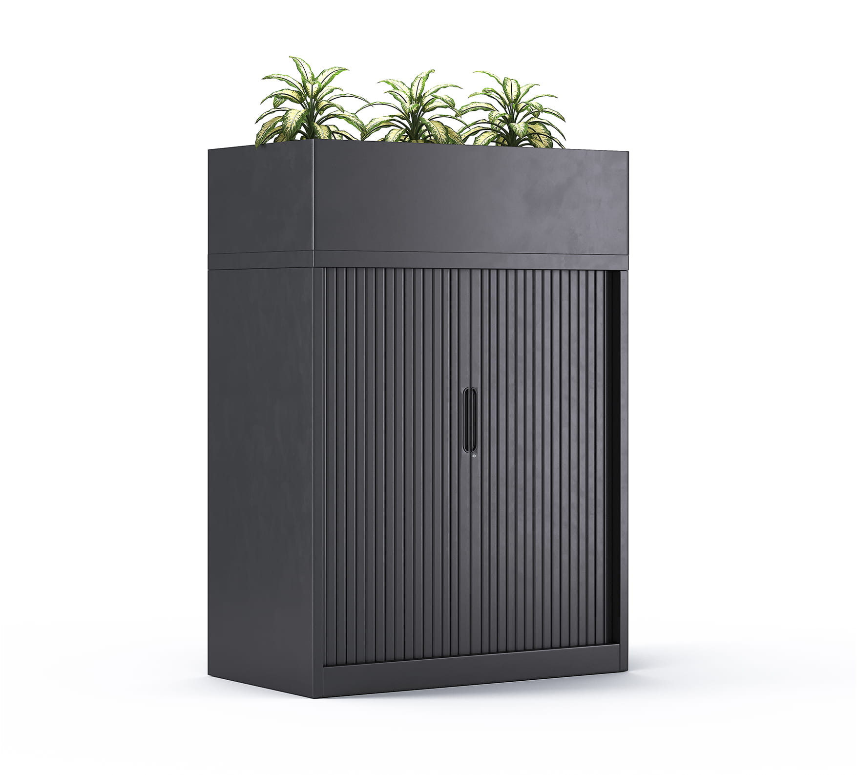 Office storage cabinet with vertical slats and top planter
