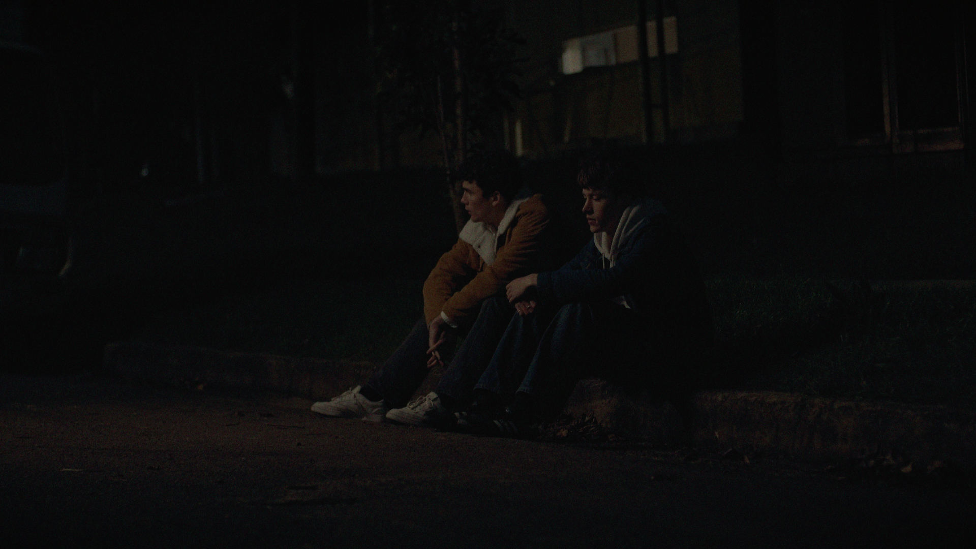 Young man sits with his friend by the side of the curb