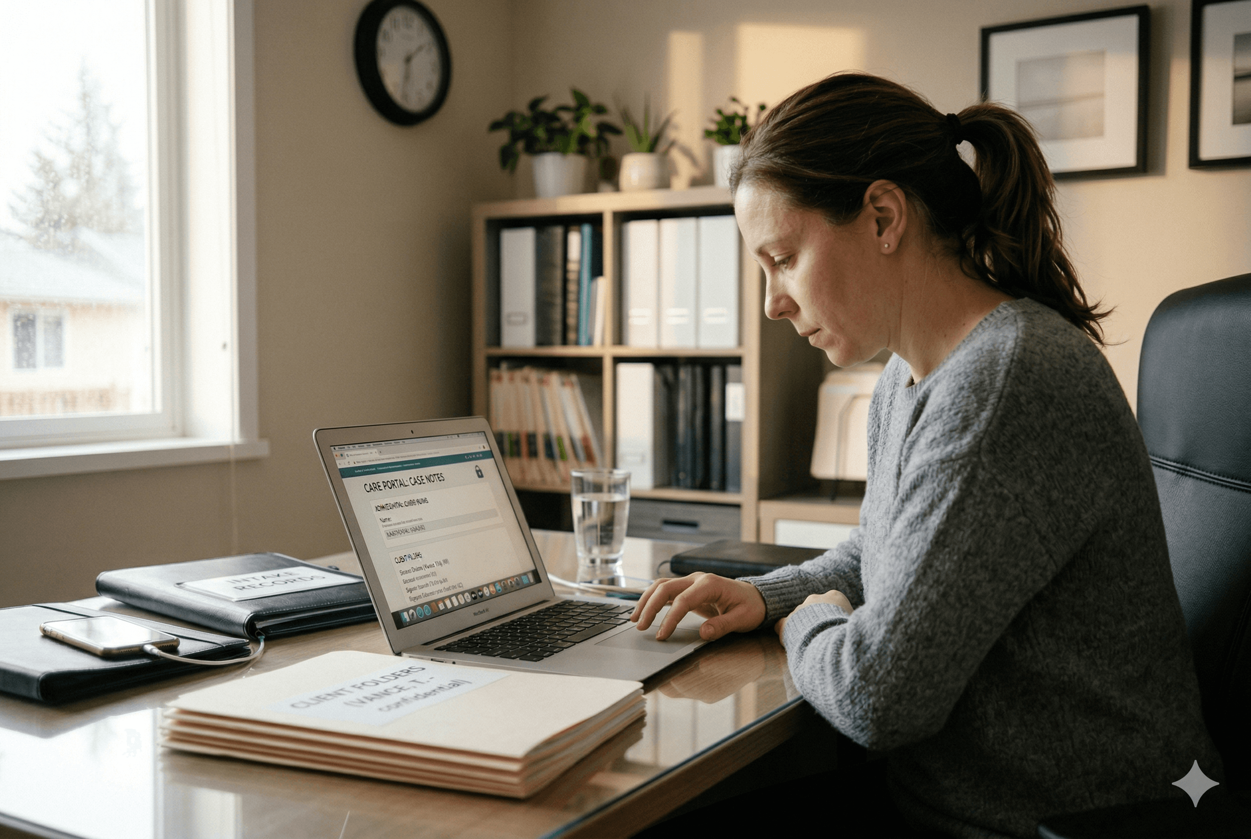 A home care agency owner reviewing documents on a laptop at a clean office desk, with a lock icon subtly visible on the screen and printed client folders neatly organized nearby. Professional, calm atmosphere with warm natural lighting. No faces shown on screen. Shot on Fujifilm X-T4, aspect ratio 3:2.  and the laptop should face her