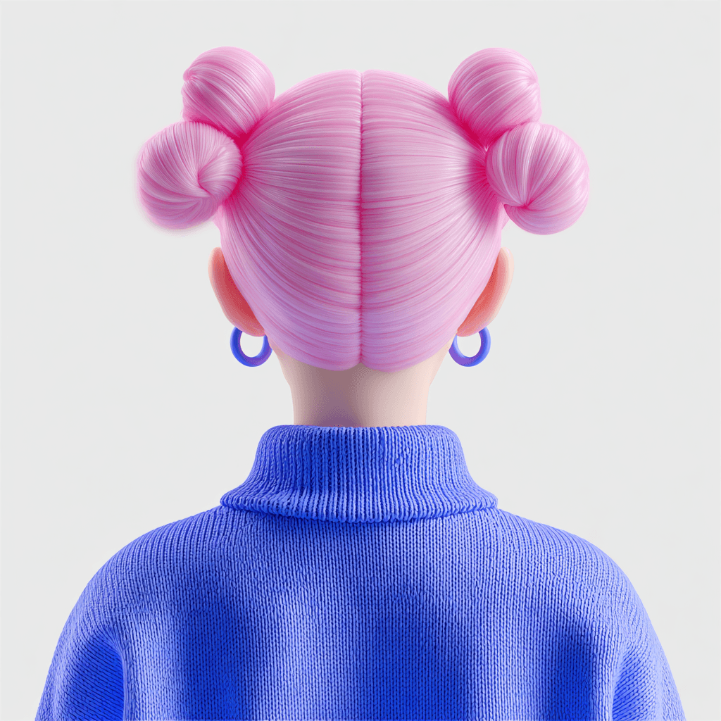 A 3D character viewed from behind with pastel pink hair styled in two buns, wearing a blue knitted sweater and hoop earrings on a light gray background.