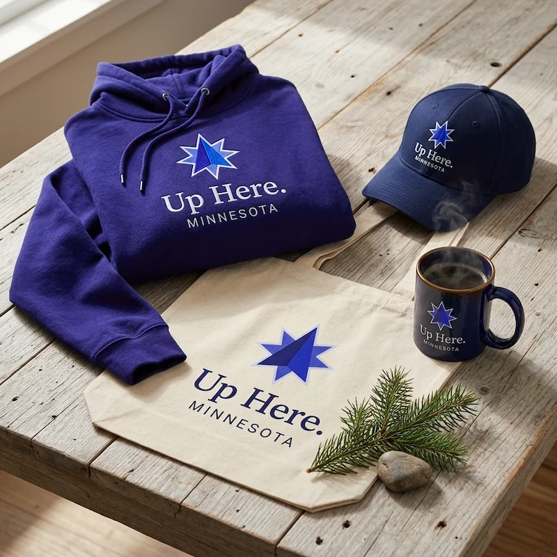 A styled flat lay of Minnesota branded merchandise including a navy hoodie, baseball cap, ceramic mug, and canvas tote bag, all featuring the Up Here. Minnesota logo, arranged on a wood surface with a pine sprig.