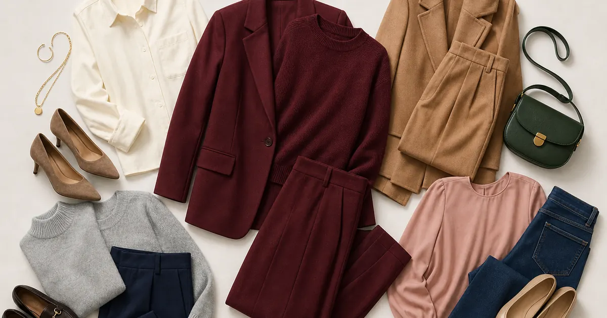 Burgundy clothing styled with cream, camel, gray, navy, green, and pink pieces
