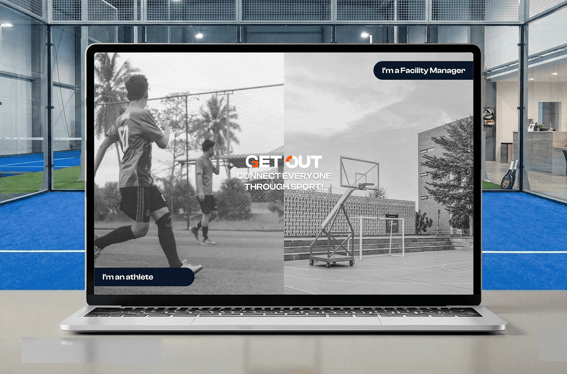 La page d'accueil du site GetOut permettant de choisir entre le parcours athlète ou gérant de complexe, faite par Novaa.studio.