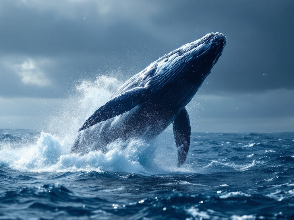 A humpback whale breaches the surface of the ocean, creating a large splash of water.