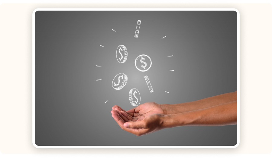 Hands holding illustrated coins symbolizing profit, revenue, or financial gain