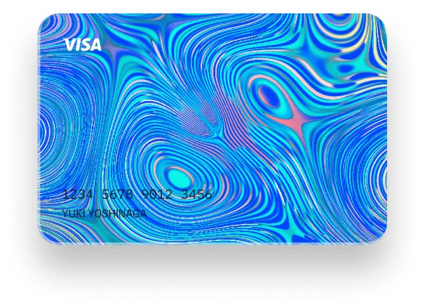 Blue and cyan Visa credit card with holographic swirl pattern, displaying card number and cardholder name.