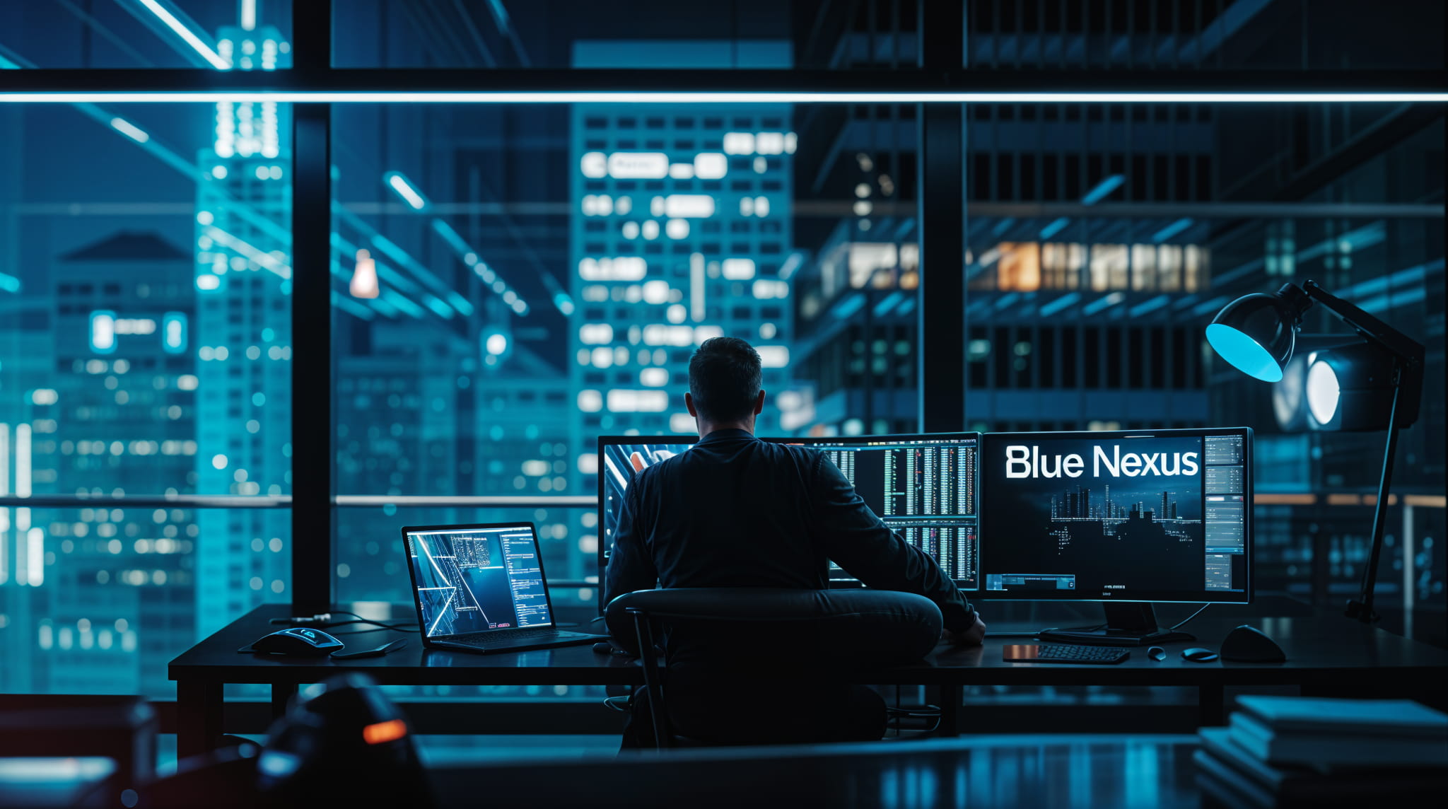 a man working in an office at night