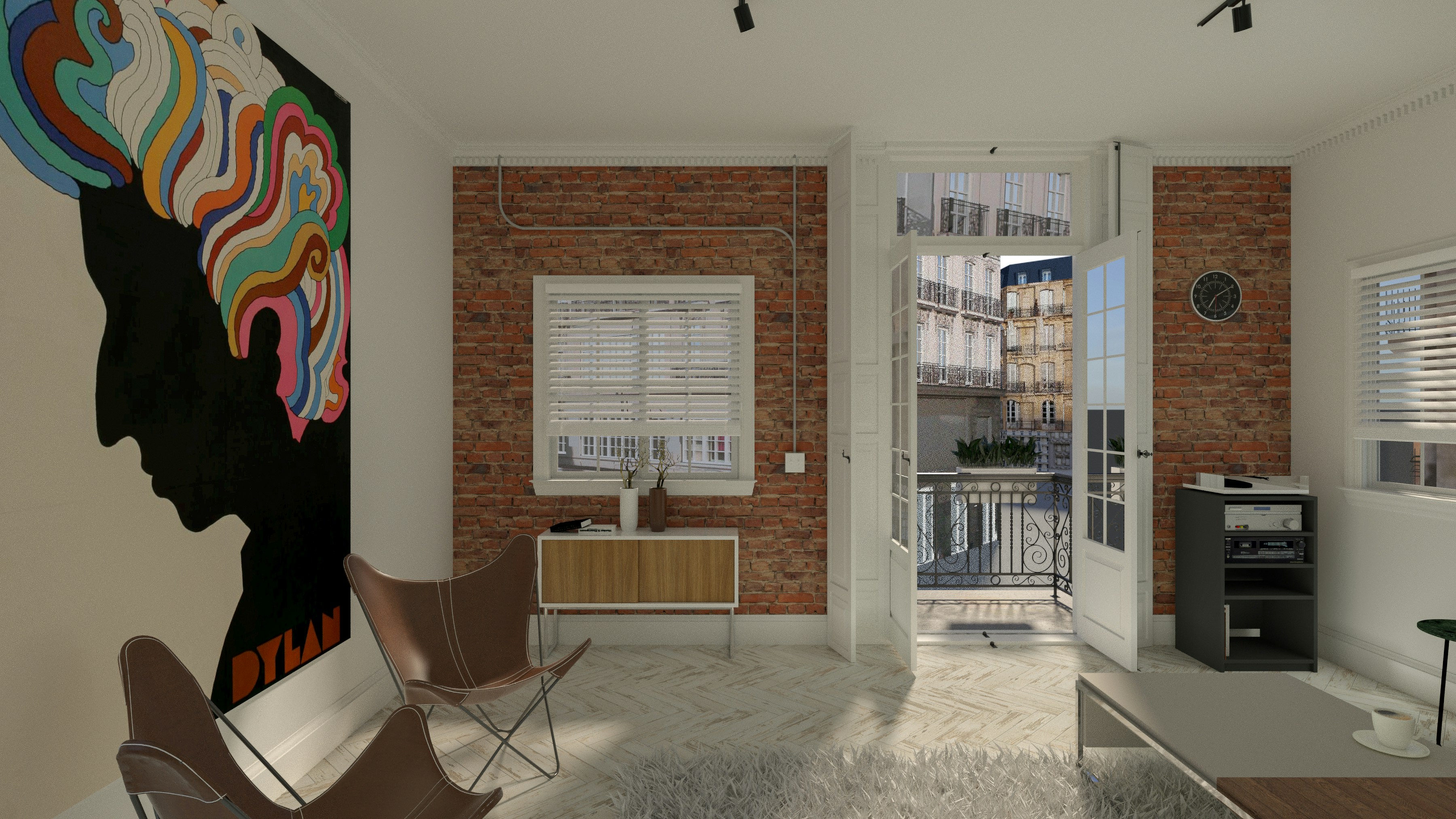 Bright interior render of a modern living room with brick walls, open balcony doors, artwork, and natural daylight.