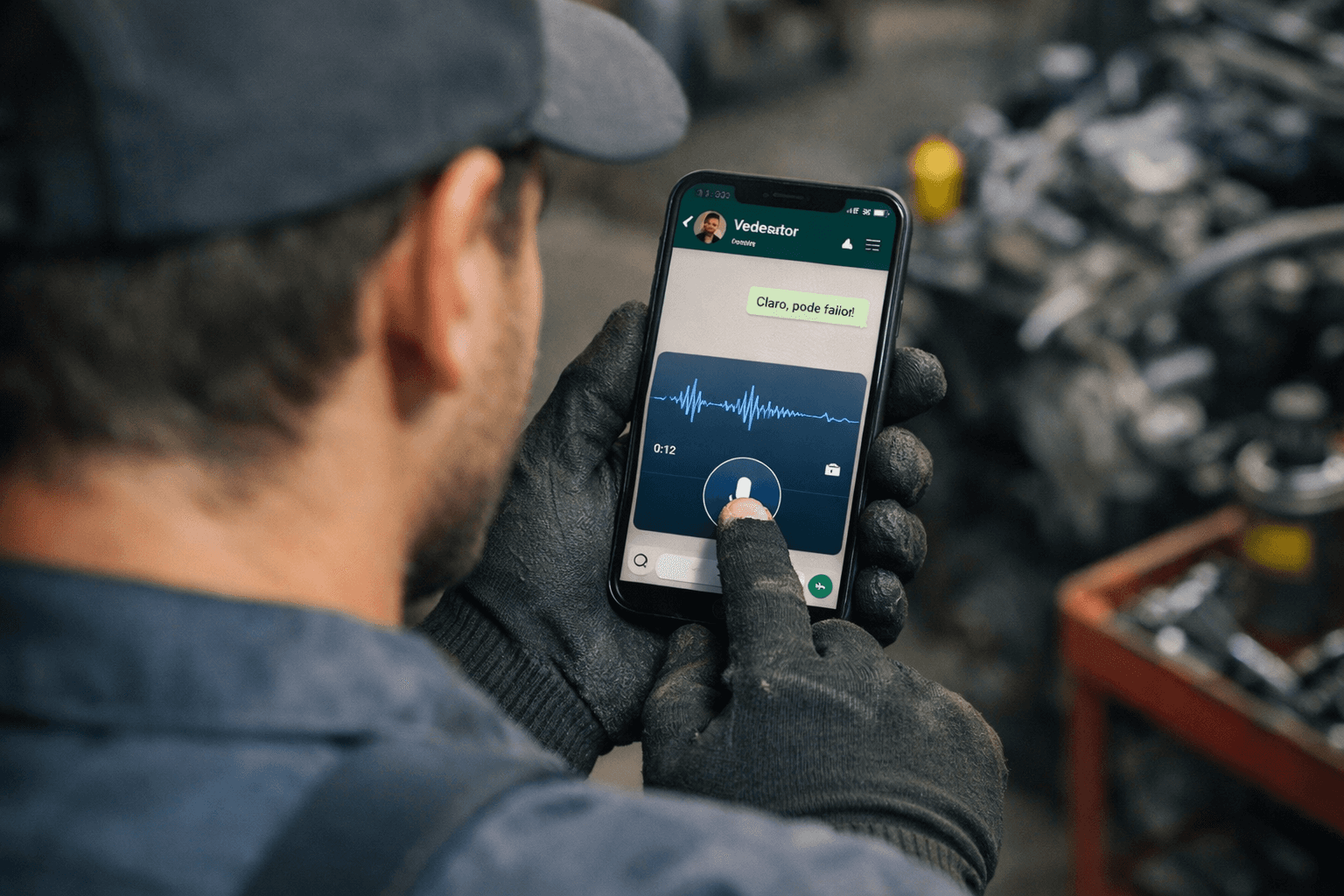 Mecânico em oficina de autopeças gravando áudio no WhatsApp para fazer pedido de peças, visto por cima do ombro, com foco no celular e no envio de mensagem de voz para o vendedor.