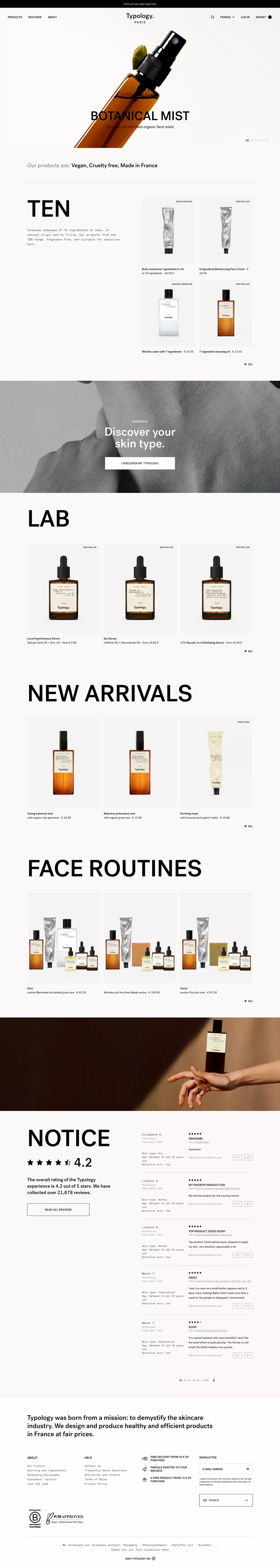 Typology.com: du soin de la peau vegan, ecommerce page screenshot showcasing Beauty and Ecommerce design