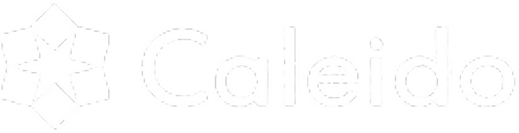 Caleido logo on black background. Features a geometric flower symbol and the brand name.