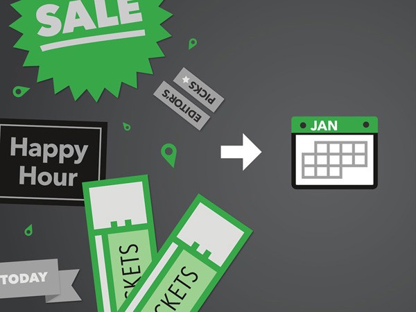 The image shows a dark gray background with several green and white elements. A green, starburst-shaped shape displays the word “SALE” in white text. Two gray rectangles labeled “EDITORS’ PICKS” point rightward. A white arrow points right from a calendar page labeled “JAN” showing a white grid of squares. A black rectangle on the left reads “Happy Hour” in white text. Two green tickets with white labels reading “KETS” are positioned diagonally near the bottom left. A gray banner at the bottom left reads “TODAY”. Small green leaf shapes are scattered around the elements.