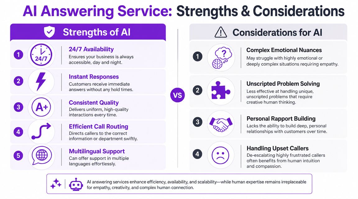 An infographic comparing the benefits of AI answering services against their inherent human-centric limitations and considerations.