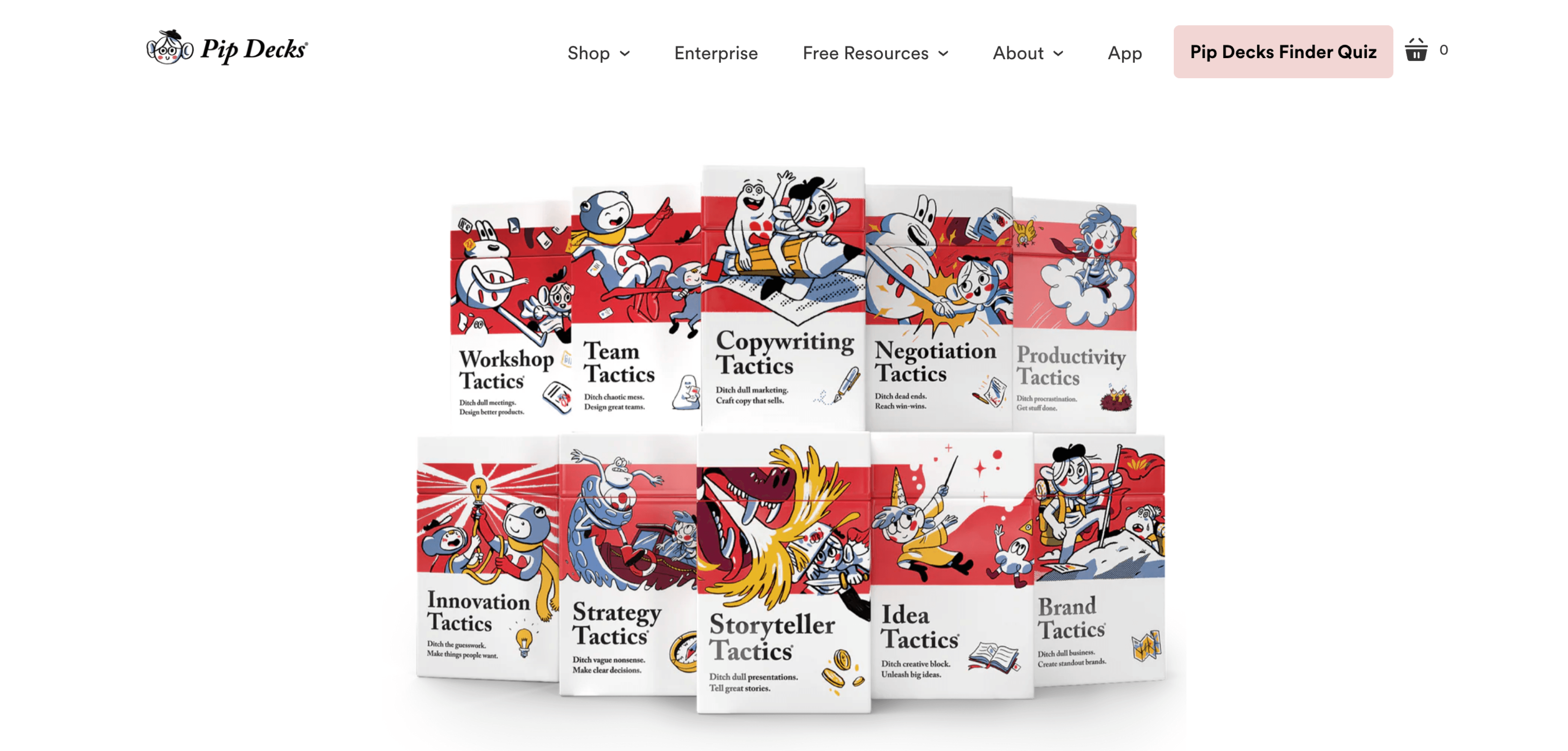 Pip Decks collection featuring colorful illustrated card decks such as Workshop Tactics, Storyteller Tactics, and Idea Tactics, displayed on a clean white background.