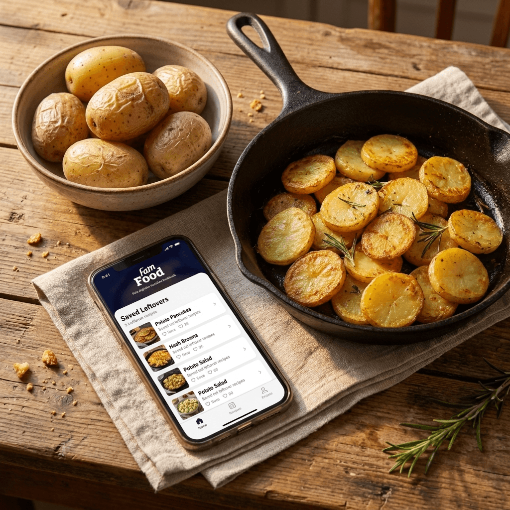 Ein Smartphone zeigt die FamFood-App mit gespeicherten Reste-Rezepten, daneben eine Schüssel gekochter Kartoffeln vom Vortag auf einem Holztisch